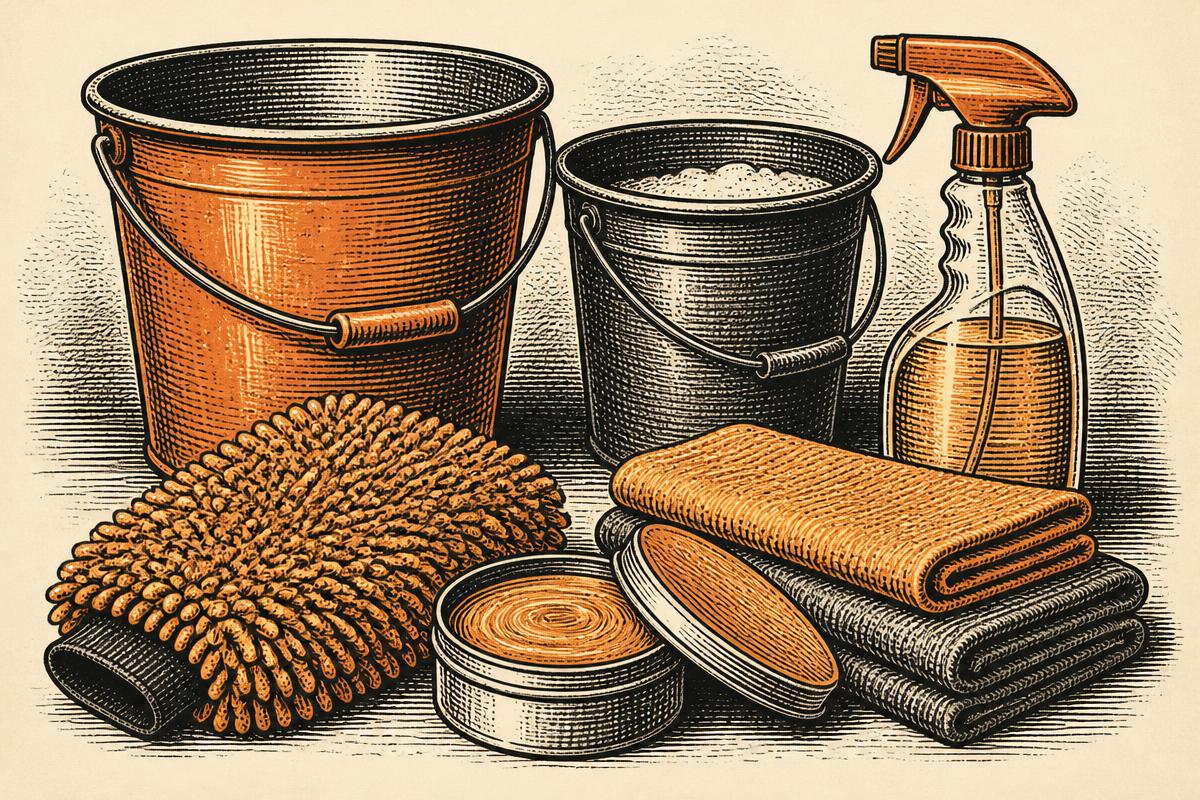 Vintage illustration of buckets, wash mitt, wax tin and microfibre towels