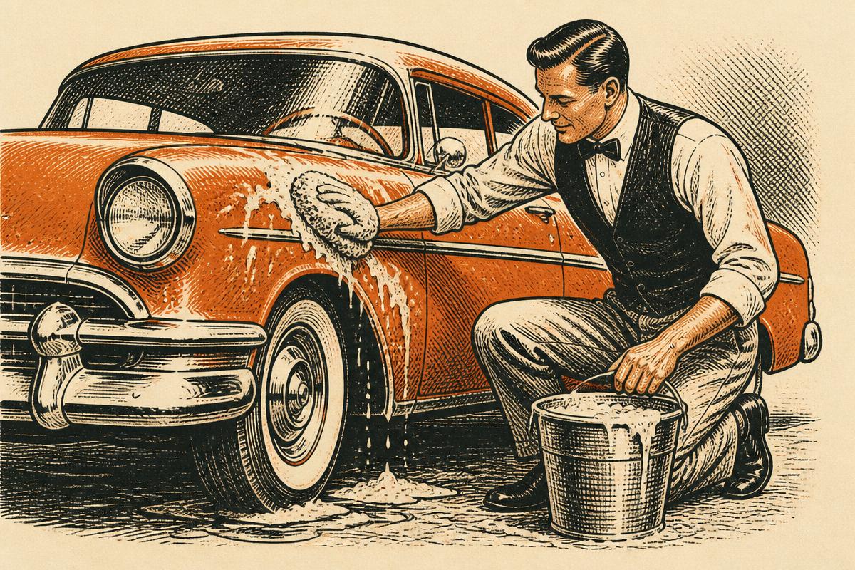 Vintage illustration of a valet hand-washing a classic car